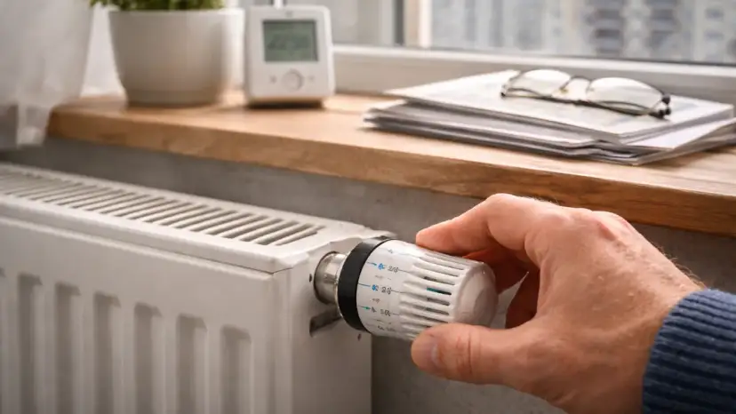 Dłoń reguluje termostat grzejnika, zastanawiając się, ile kosztuje ciepła woda w bloku. Na parapecie stoi termometr i okulary.