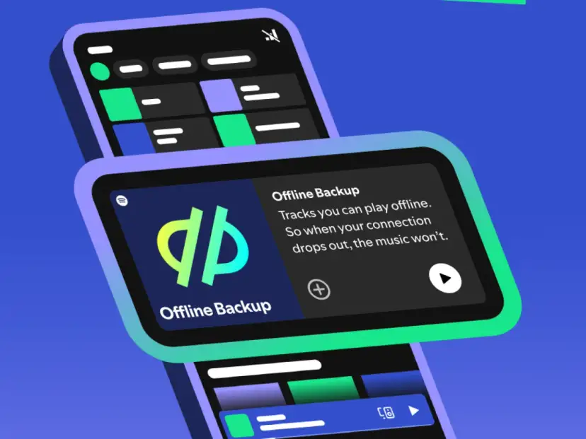 Dwa ekrany smartfonów z interfejsem Spotify, jeden z ikoną "Offline Backup".