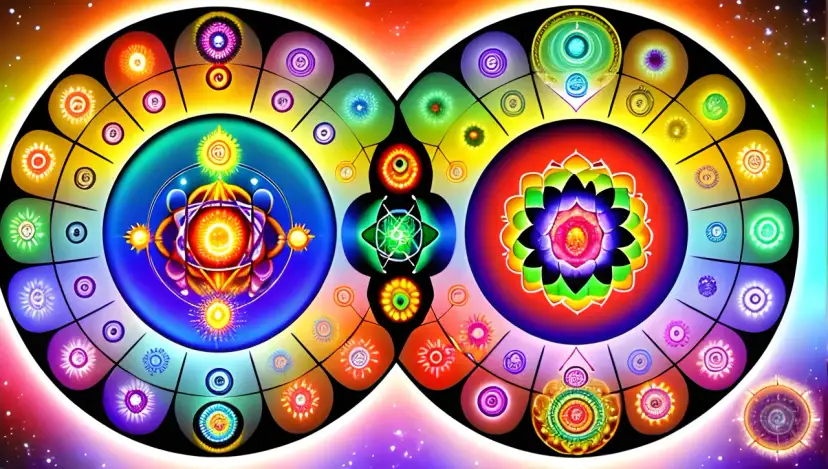 Kolorowy diagram z symbolami czakr i mandalami na tle kosmicznym.