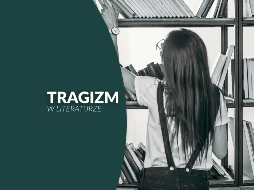 Dziewczyna szuka w bibliotece książek, które ukazują, jak literatura antyczna przedstawia tragizm ludzkiego losu.