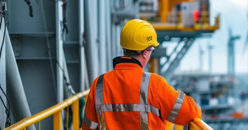 Elektryk w żółtym kasku i pomarańczowej kamizelce odblaskowej na tle przemysłowej konstrukcji.