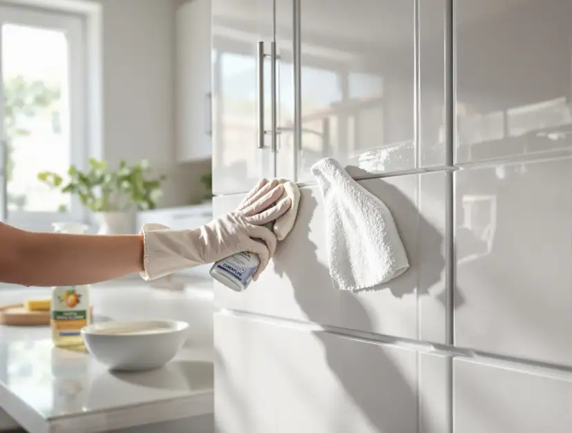 Ręka w rękawiczce czyści białe, błyszczące fronty mebli sprayem i ściereczką.