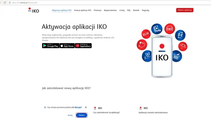 Strona internetowa wyjaśnia, jak aktywować aplikację IKO na nowym telefonie. Widoczne są ikony pobierania z Google Play, App Store i Huawei AppGallery.