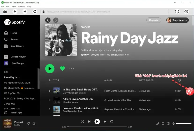 Okładka playlisty "Rainy Day Jazz" na Spotify, z widocznym interfejsem aplikacji i przyciskiem dodawania.