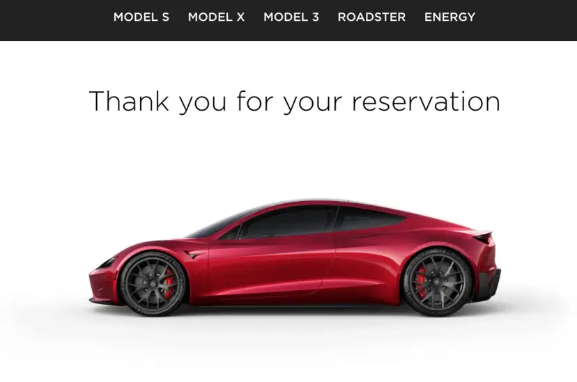 Czerwony Tesla Roadster, potwierdzenie rezerwacji. Zastanawiasz się, ile kosztuje Tesla Roadster?