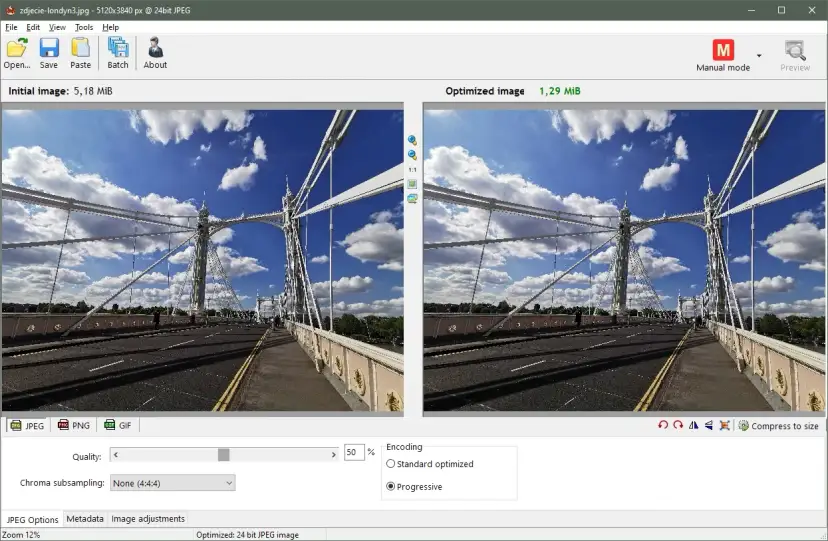 Program do zmniejszania zdjęć pokazuje most w Londynie. Obraz po optymalizacji zajmuje 1,29 MiB, w porównaniu do 5,18 MiB oryginału.