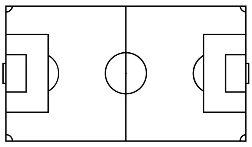 Schemat boiska piłkarskiego, idealny do nauki, jak narysować boisko do piłki nożnej. Widoczne bramki, koło środkowe i linie boczne.