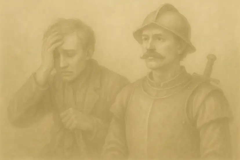 Dwóch mężczyzn: jeden w zbroi z mieczem, drugi ze smutkiem trzymający się za głowę.