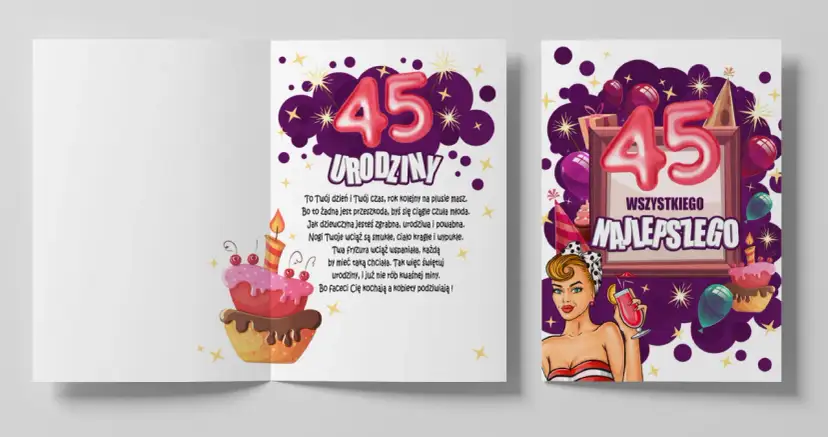 Wesołe życzenia na 45 urodziny z tortem i kieliszkiem drinka. Jubilatka w stylu pin-up świętuje 45 lat!
