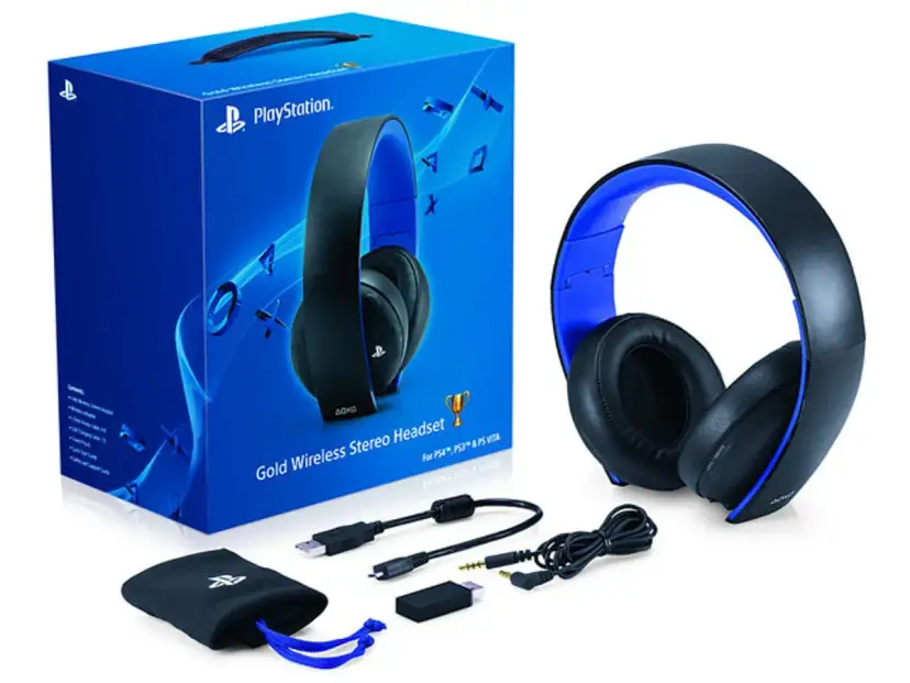 Zestaw słuchawkowy PlayStation Gold Wireless Stereo z pudełkiem i akcesoriami.