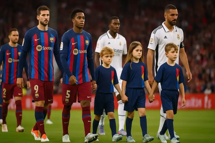 Dzieci wyprowadzają piłkarzy na boisko. Mali kibice towarzyszą zawodnikom FC Barcelony i Realu Madryt, tworząc wyjątkową atmosferę przed meczem.