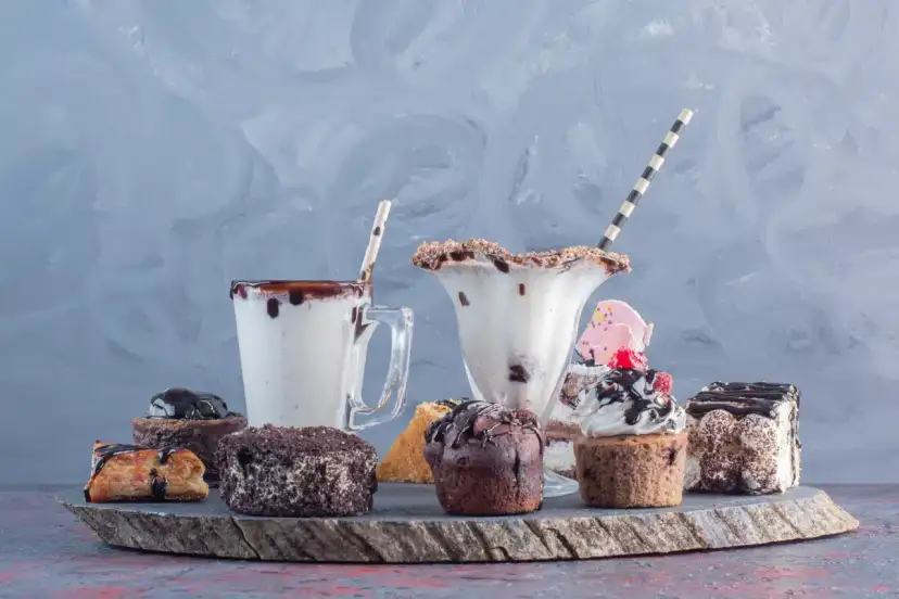 Słodkie desery i koktajle na kamiennej desce.