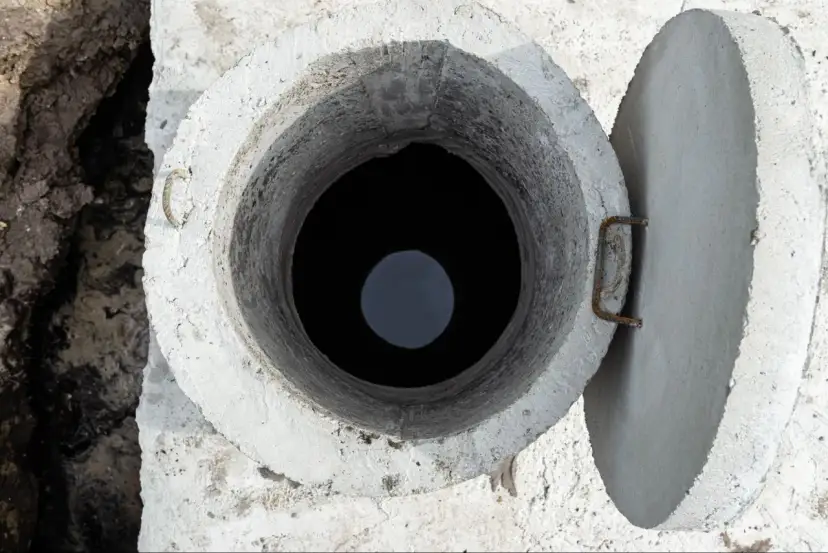 Otwarty betonowy krąg szamba, widok z góry. Rozważasz, jak uszczelnić szambo betonowe od środka?