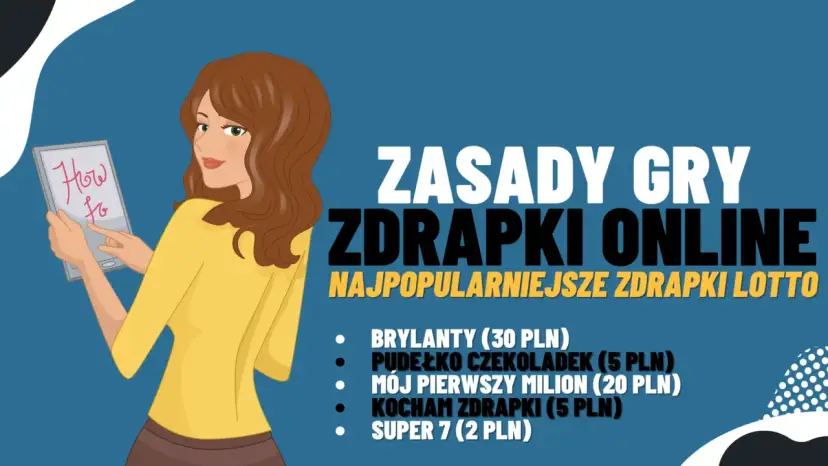 Kobieta z tabletem pokazuje, czy w zdrapkach można coś wygrać. Zasady gier, popularne zdrapki lotto i nagrody.