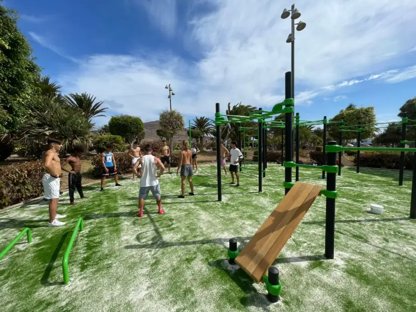 Grupo de personas entrenando en un parque de calistenia al aire libre con césped artificial y estructuras verdes.