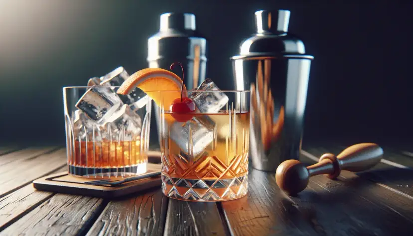 Klasyczny Old Fashioned przepis: whisky, lód, pomarańcza i wisienka. Obok shakery i muddler.