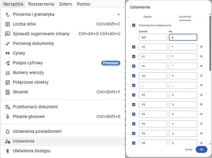 Ustawienia automatycznego zastępowania w dokumencie, gdzie "par." zamienia się na §. Widoczne są też inne skróty, np. (c) na ©.