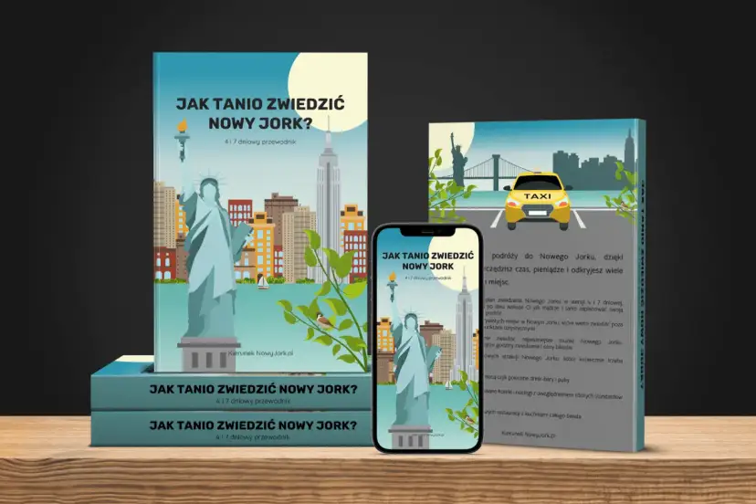 Przewodnik "Jak tanio zwiedzić Nowy Jork?" z ikonami Statuy Wolności i Empire State Building. Odkryj najlepsze atrakcje Nowego Jorku!