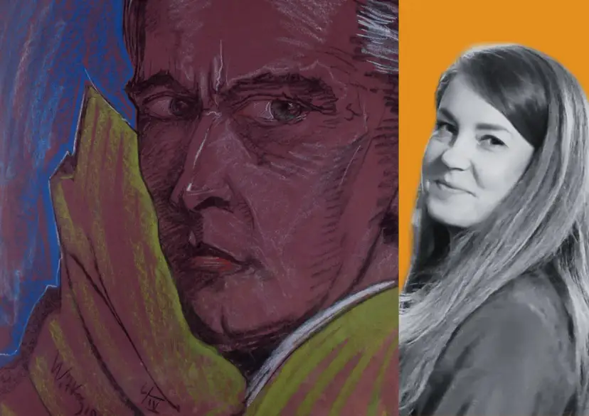 Portret mężczyzny z intensywnym spojrzeniem, z widocznymi oznaczeniami na obrazach Witkacego. Obok uśmiechnięta kobieta.