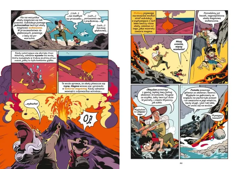 Jak wygląda komiks: naukowcy badają wulkany, lawę i minerały. Dzieci uciekają przed erupcją, a potem obserwują pływające kamienie.