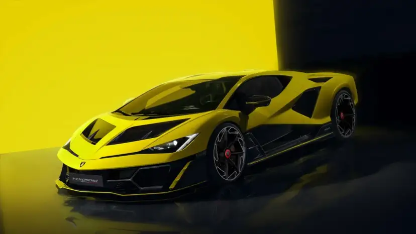 Żółte Lamborghini z czarnymi akcentami na tle żółtej ściany.