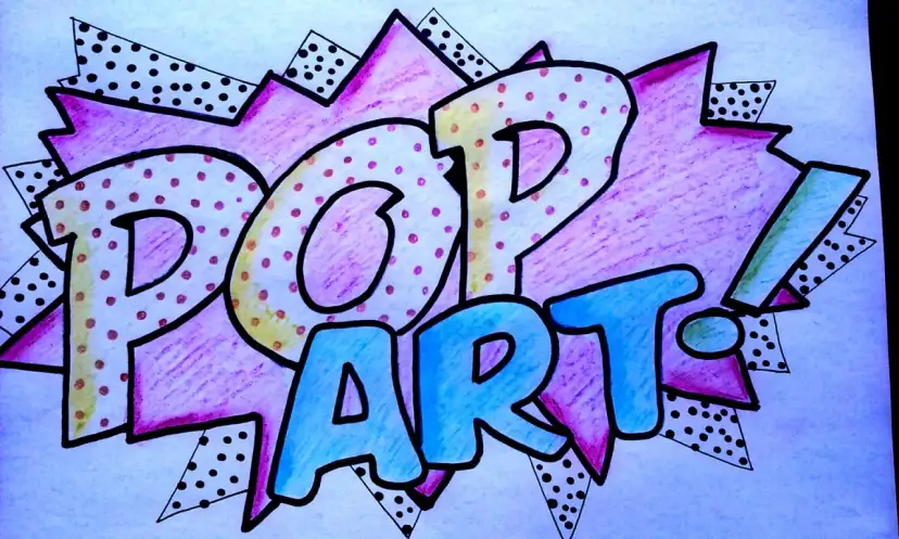 Kolorowe, łatwe rysunki w stylu pop art z napisem "POP ART!" na tle wybuchu w komiksowym stylu.