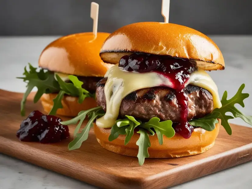 Dwa soczyste burgery wołowe z serem, konfiturą i rukolą na desce.