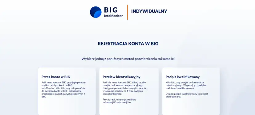 Rejestracja konta w BIG InfoMonitor: wybierz metodę potwierdzenia tożsamości – przez konto w BIK, przelew identyfikacyjny lub podpis kwalifikowany.