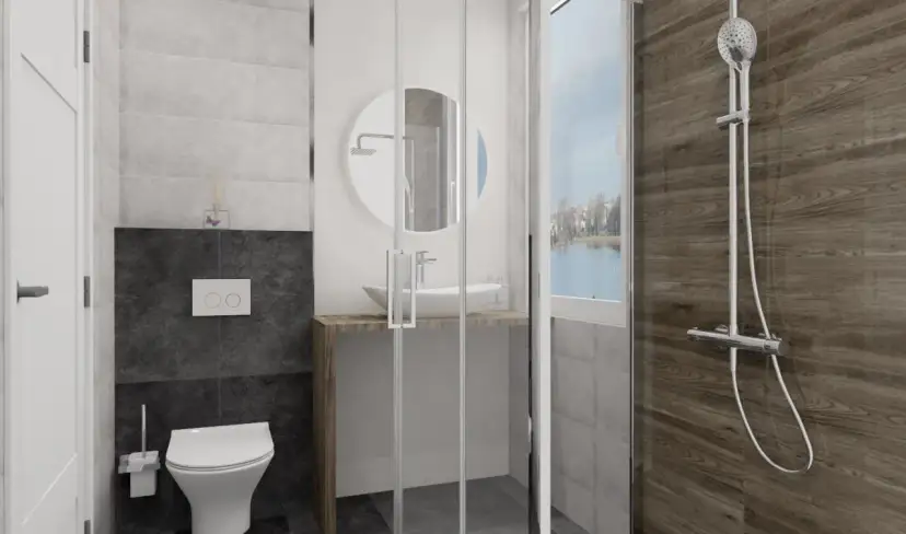 Nowoczesna łazienka z białym WC, umywalką i prysznicem z drewnianą ścianą.