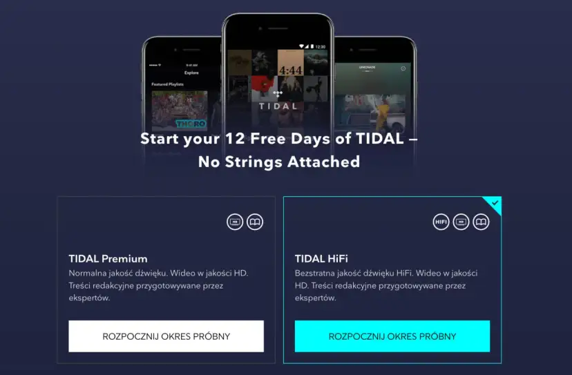 Trzy telefony z aplikacją TIDAL, oferta 12 darmowych dni i porównanie planów TIDAL Premium i HiFi.