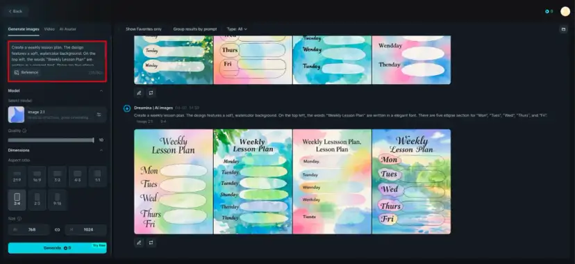 Plan lekcji tygodniowych z akwarelowym tłem. Opisuje, co obejmuje plan nauczania: pięć sekcji na dni tygodnia (Mon-Fri).