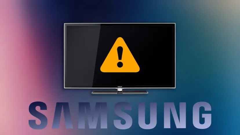 Telewizor Samsung z żółtym znakiem ostrzegawczym na czarnym ekranie.