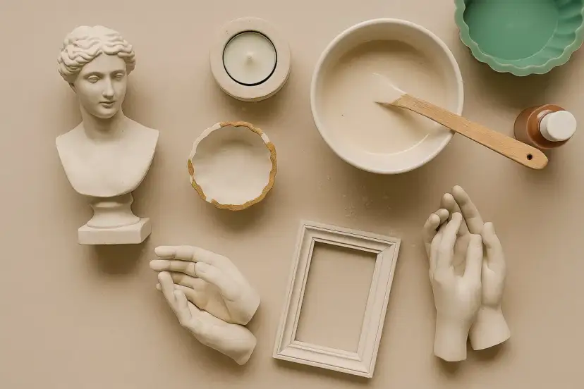 Gipsowe odlewy: popiersie, dłonie, ramka, miska z masą i świeca.