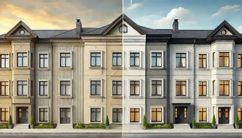 Elewacja domu z akrylu w różnych odcieniach szarości i beżu.