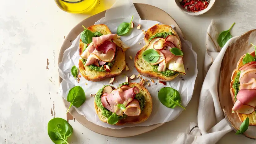 Pyszne kanapki z chrupiącą grzanką, aromatycznym pesto na kanapki, wędliną i świeżą bazylią.