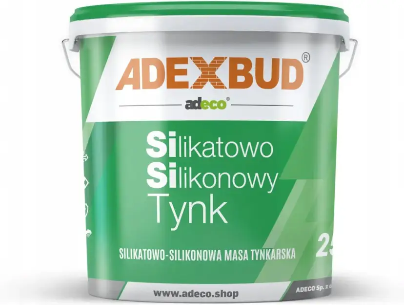Wiadro z zielonym tynkiem silikatowo-silikonowym ADEXBUD. Idealny do elewacji, zapewnia trwałość i estetykę.