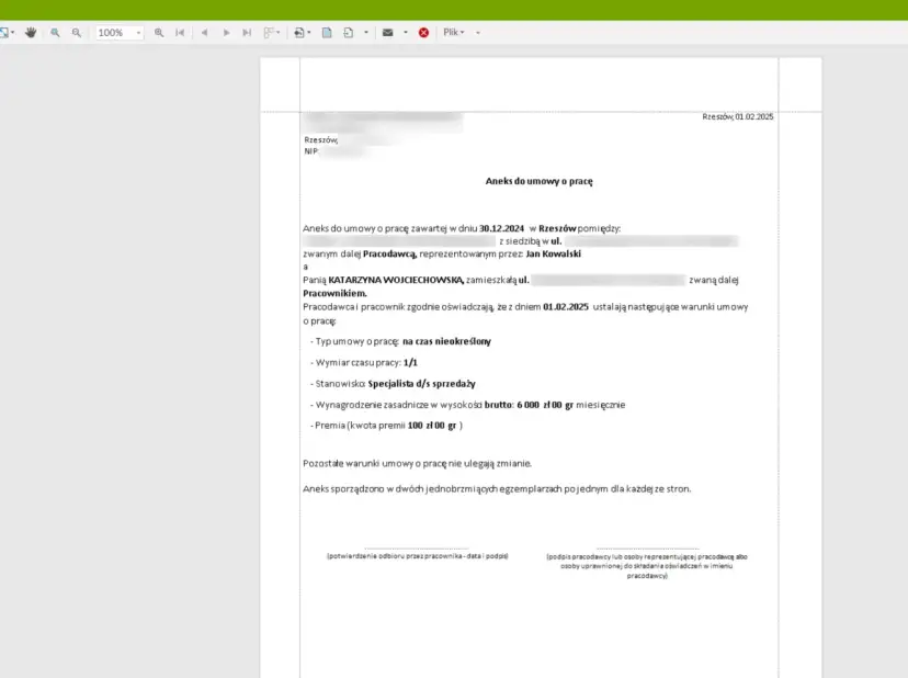 Aneks do umowy o pracę z dnia 01.02.2025 r. dla Pani Katarzyny Wojciechowskiej, ustalający warunki zatrudnienia na stanowisku specjalisty d/s sprzedaży.