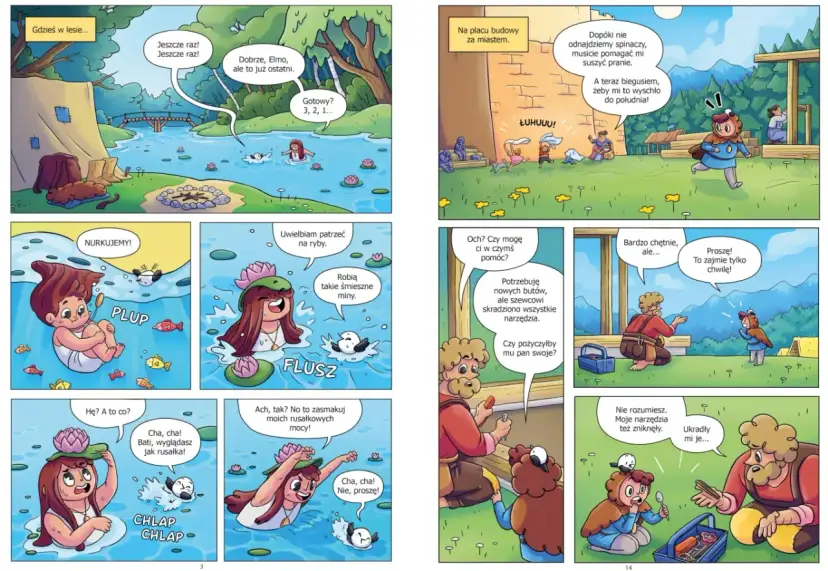 Dzieci bawią się w wodzie i na budowie. Historia o tym, o czym można zrobić komiks, pełna przygód i pomocy.