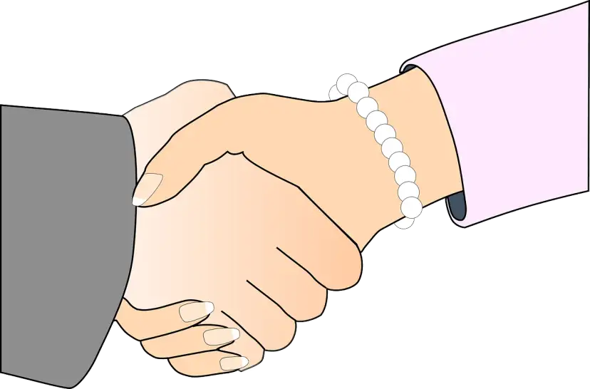 Dwie dłonie ściskają się w uścisku. Jedna dłoń, ozdobiona bransoletką z pereł, podaje rękę.