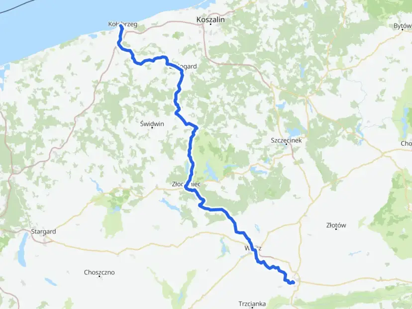 Mapa z zaznaczoną trasą rowerową od Kołobrzegu przez Złocieniec do Wałcza.
