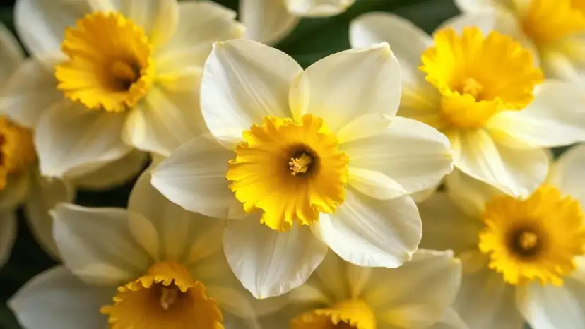 Grupa białych narcyzów z żółtymi kielichami, delikatne płatki otaczają intensywnie żółte środki.