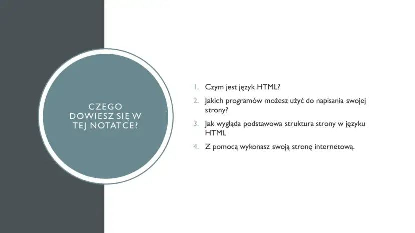 Grafika z pytaniem "Czego dowiesz się w tej notatce?" i listą pytań o HTML.