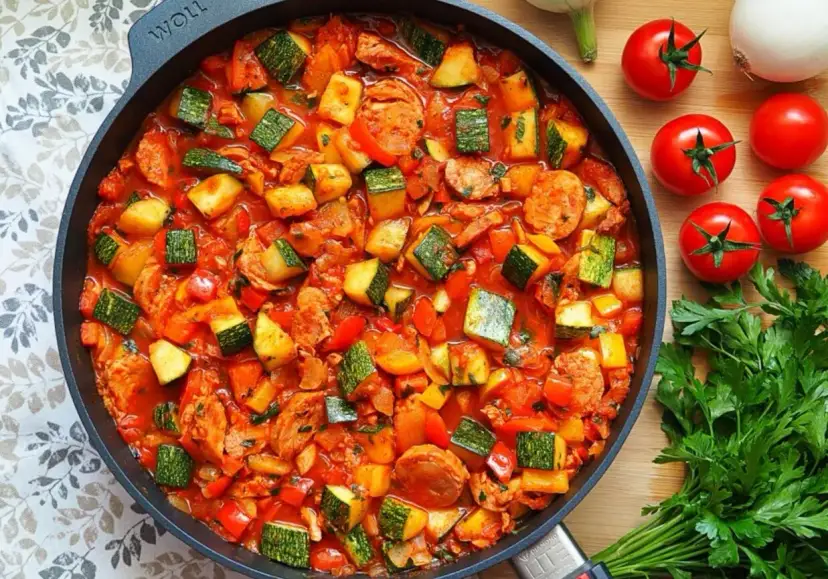 Leczo z kiełbasą i cukinią w sosie pomidorowym, obok pomidory i natka pietruszki. Pyszna alternatywa dla leczo wegetariańskiego.