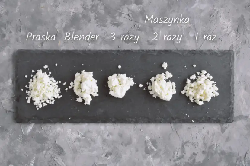 Kolaże sera zmielonego na sernik różnymi metodami: praska, blender, maszynka 1, 2, 3 razy.