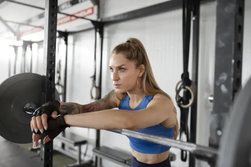 Kobieta w rękawiczkach opiera się o sztangę. To może być część jej treningu FBW. Co to jest?