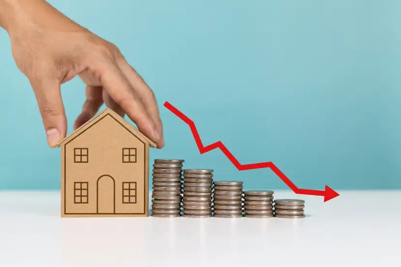 Dłoń trzymająca kartonowy domek obok malejących stosów monet i czerwonej strzałki w dół.