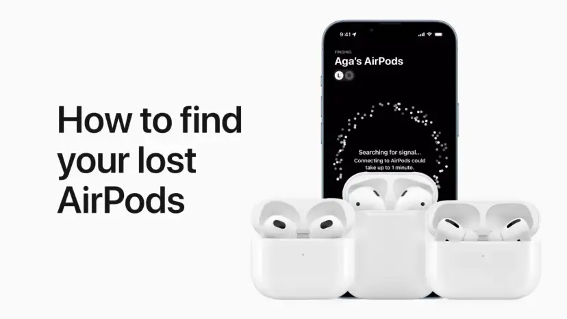 Trzy białe etui z otwartymi klapkami i słuchawkami AirPods, obok telefonu z aplikacją Znajdź.
