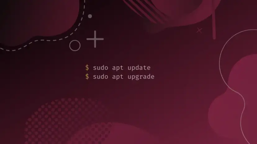 Abstrakcyjne tło w odcieniach burgundu z komendami terminala: `sudo apt update` i `sudo apt upgrade`.