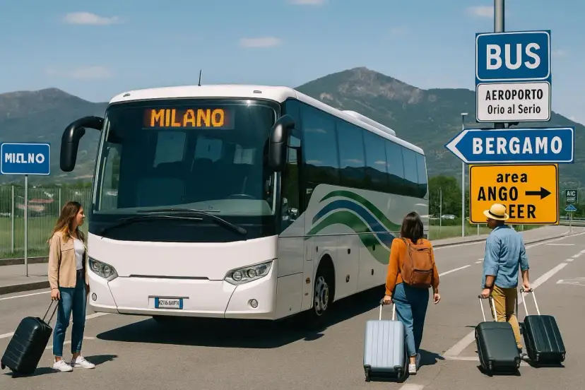 Autobus z napisem MILANO czeka na pasażerów. Dwie osoby z walizkami kierują się w stronę pojazdu, gotowe na podróż.