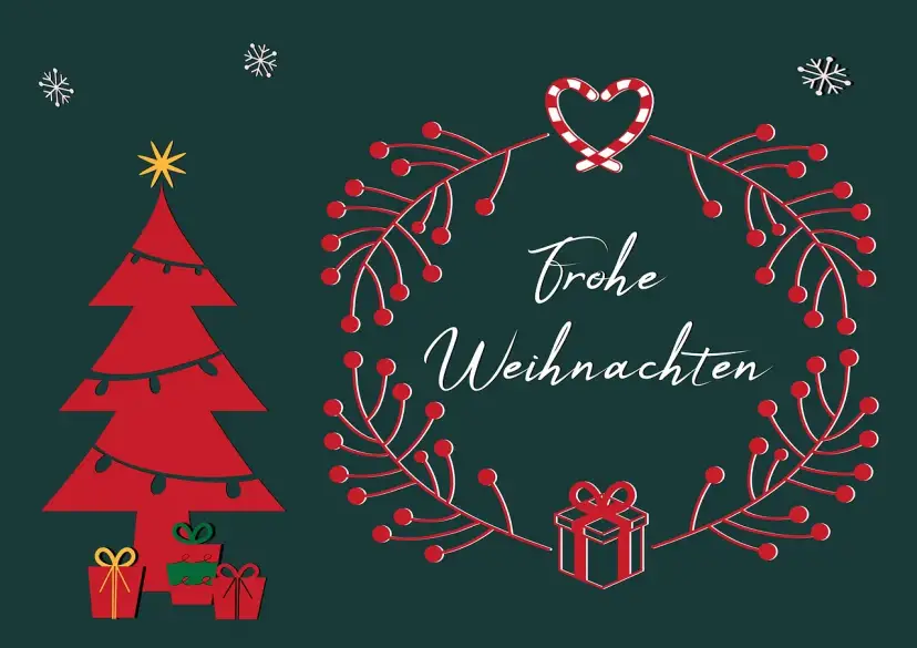 Wesołych Świąt! Kartka z choinką, prezentami i wiankiem z gałązek, a w środku życzenia na Boże Narodzenie po niemiecku.
